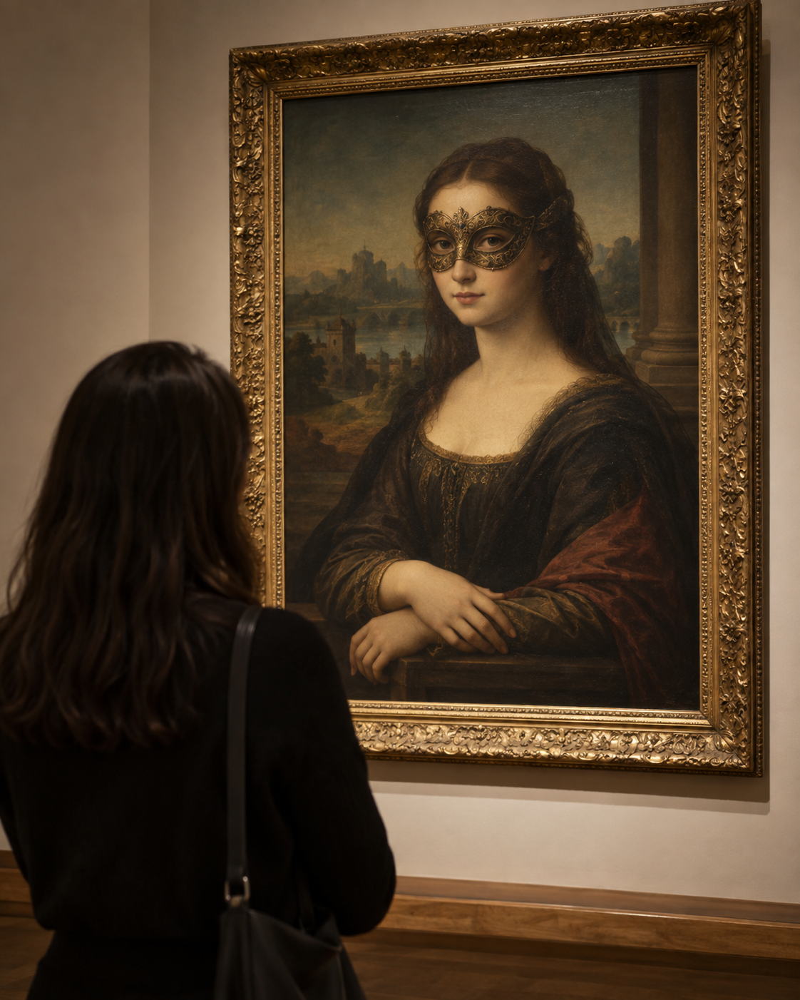 Uma visitante observa uma pintura de retrato renascentista em que a mulher retratada usa uma máscara.