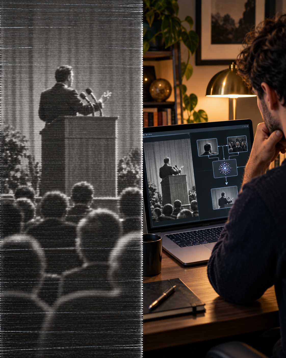 Contraste entre um discurso registrado em VHS e uma pessoa usando uma interface abstrata de IA para recriá-lo.